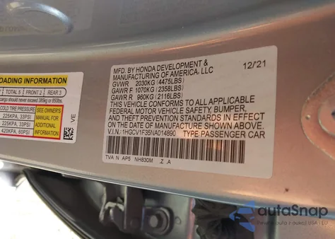 2022 Honda Accord Sport z USA, uszkodzony, nr VIN 1HGCV1F35NA014890